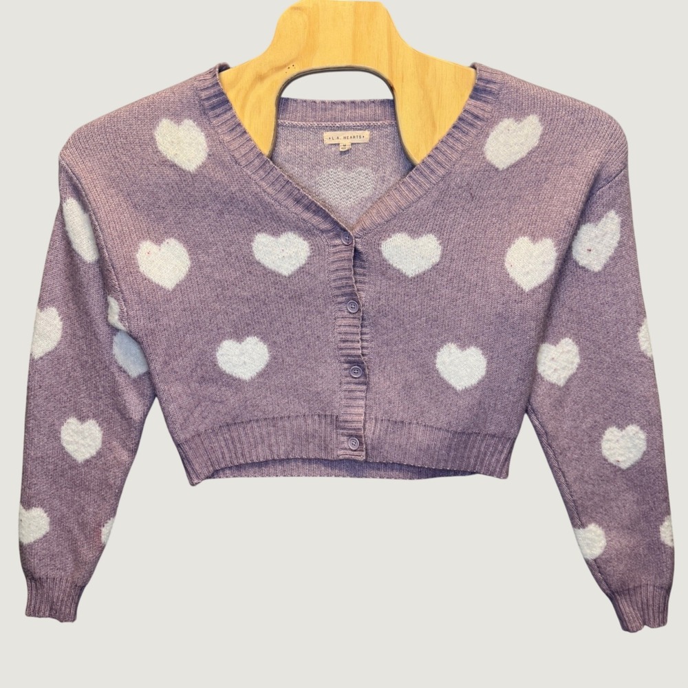 2169 | L.A. Hearts Coquette Heart Cropped Fuzzy Knit Cardigan Purple Womens M